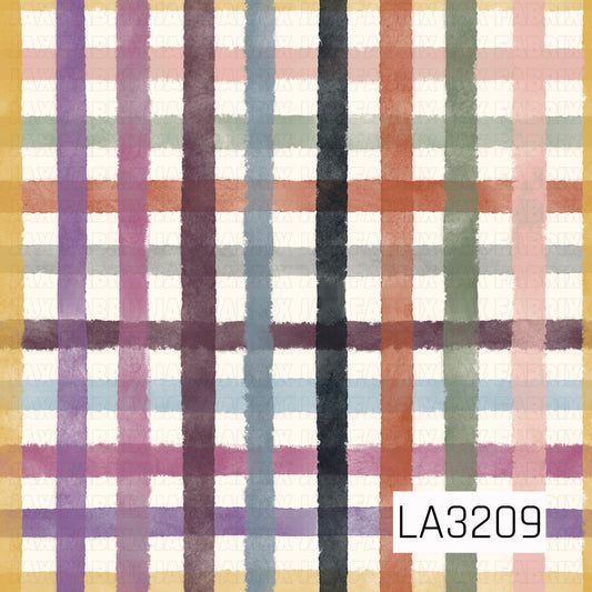 A hand-painted plaid featuring a colorful mix of mustard yellow, purple, mauve, dusty pink, slate blue, sage green, rust, charcoal, and soft peach on a creamy off-white background. The uneven watercolor-style brushstrokes give it a cozy, artistic feel with a playful mix of muted colors.
