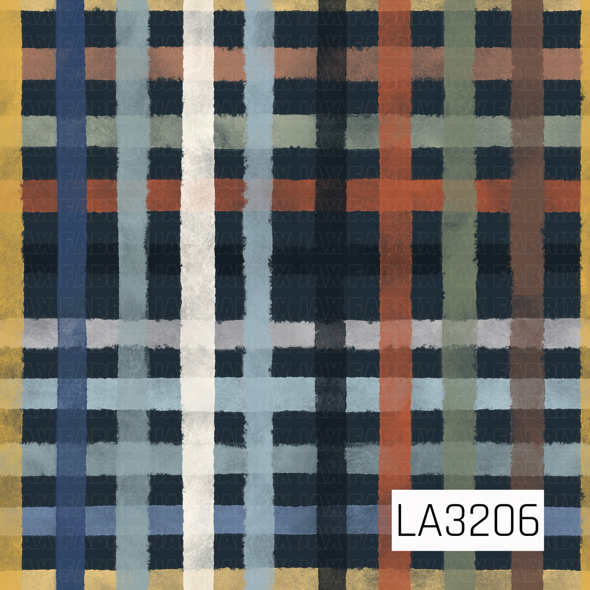 A hand-painted plaid featuring mustard yellow, dusty blue, cream, sage green, rust, brown, black, and soft gray layered over a deep navy background. The textured, imperfect brushstrokes give it a cozy, rustic feel.
