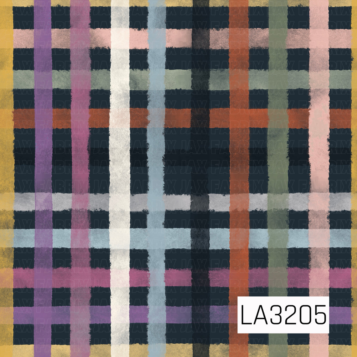 A bold, hand-painted plaid featuring a mix of mustard yellow, purple, pink, cream, dusty blue, sage green, rust, blush, and black layered over a deep navy background. The uneven brushstroke texture gives it a cozy, artistic look.

