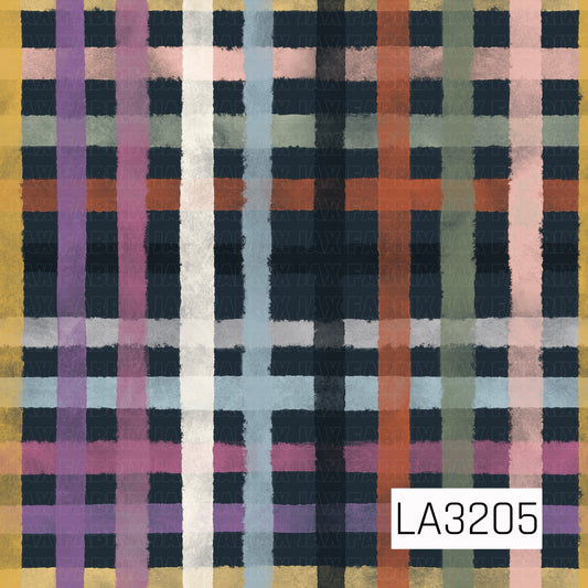 A bold, hand-painted plaid featuring a mix of mustard yellow, purple, pink, cream, dusty blue, sage green, rust, blush, and black layered over a deep navy background. The uneven brushstroke texture gives it a cozy, artistic look.
