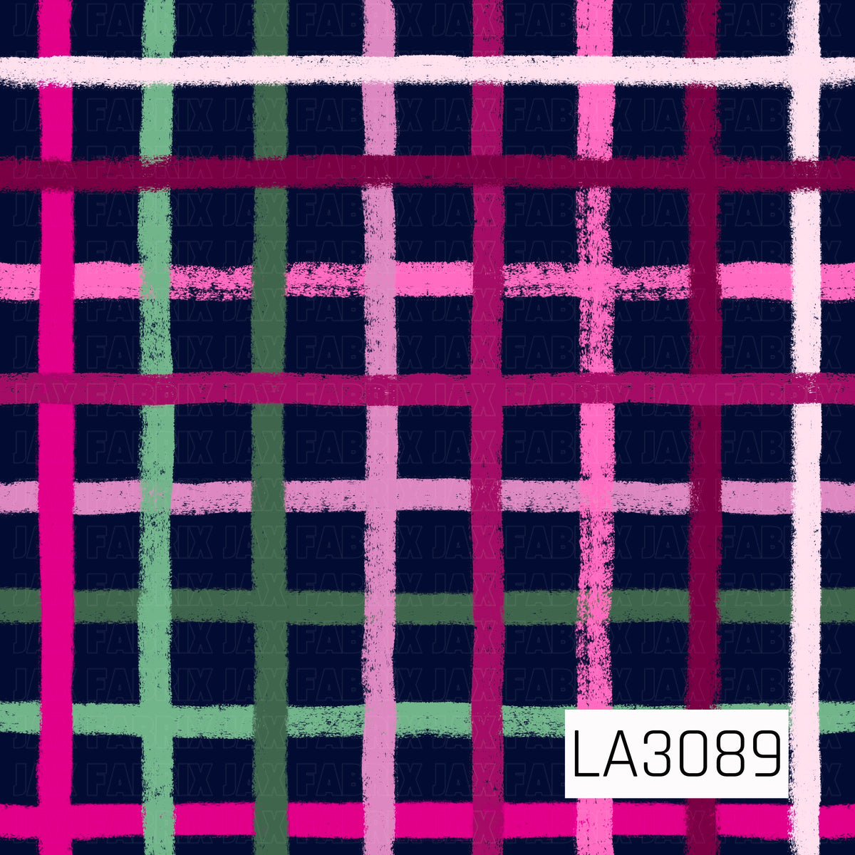 A bold hand-painted plaid featuring a deep navy background with layered brushstroke stripes in vibrant pink, berry, blush, sage green, and soft mint. The textured, imperfect lines give the classic plaid pattern a playful, modern feel with a bright feminine color palette.
