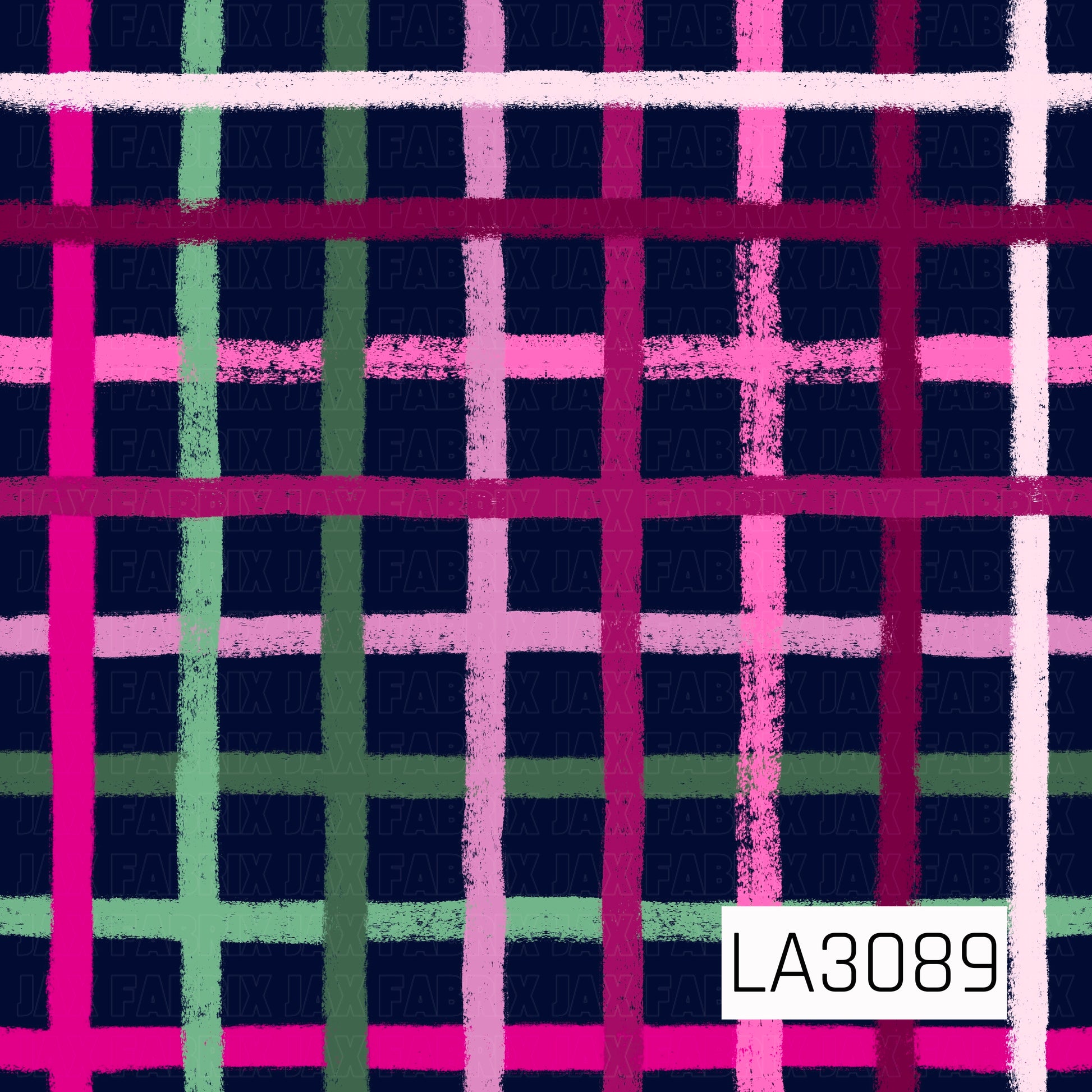 A bold hand-painted plaid featuring a deep navy background with layered brushstroke stripes in vibrant pink, berry, blush, sage green, and soft mint. The textured, imperfect lines give the classic plaid pattern a playful, modern feel with a bright feminine color palette.
