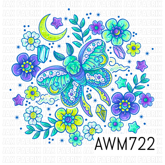 Celestial Luna Moth PNG Bundle featuring an enchanting luna moth with moon and star details, crescent moons, sparkling crystals, whimsical clouds, twinkling stars, and vibrant florals in dreamy teal, aqua, lime, and purple hues. These vibrant, high-quality PNG elements are perfect for sublimation, stickers, shirts, tumblers, journals, and magical celestial-themed craft projects.