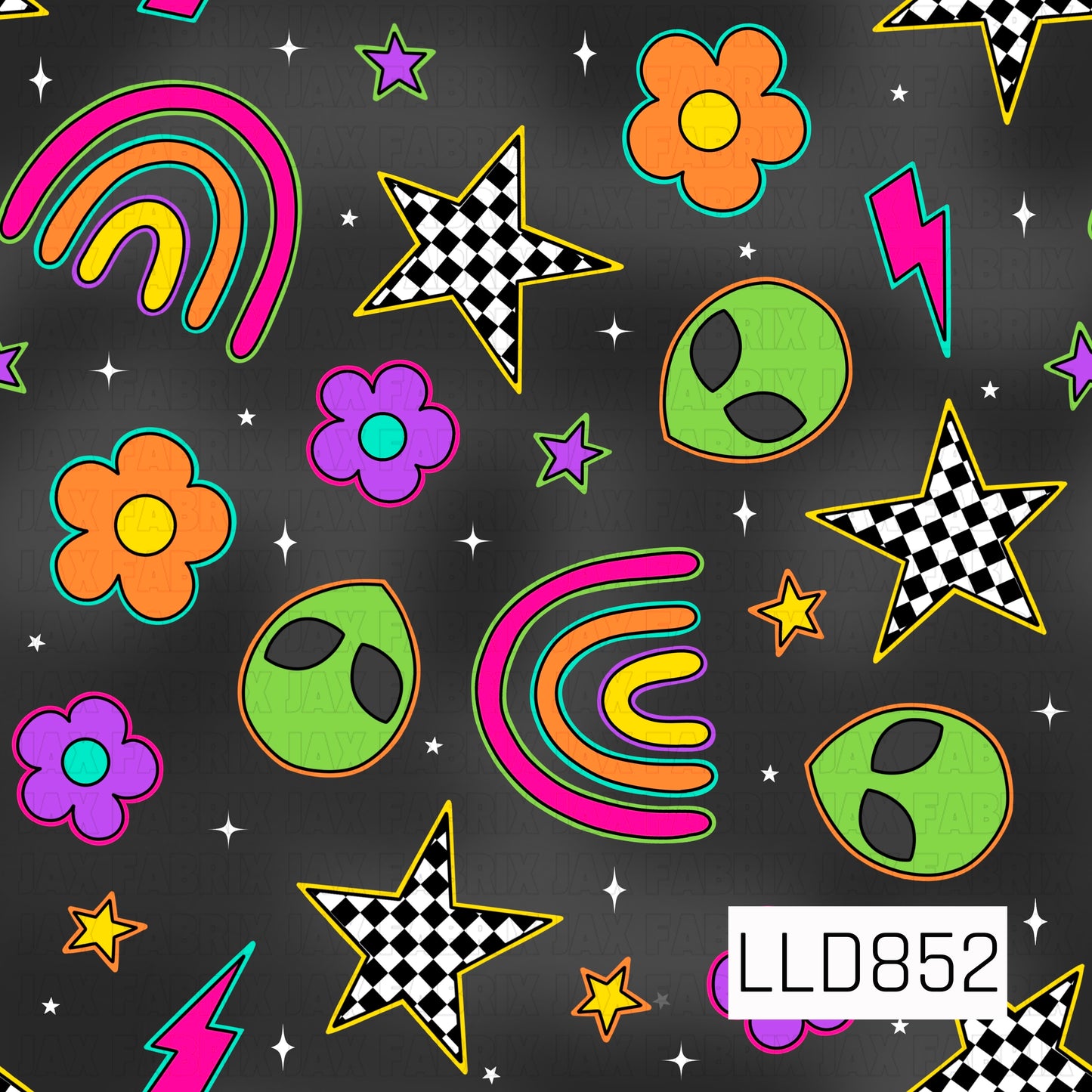 A seamless pattern featuring neon rainbows, checkerboard stars, colorful flowers, green alien heads, lightning bolts, and scattered white stars on a dark charcoal background.

