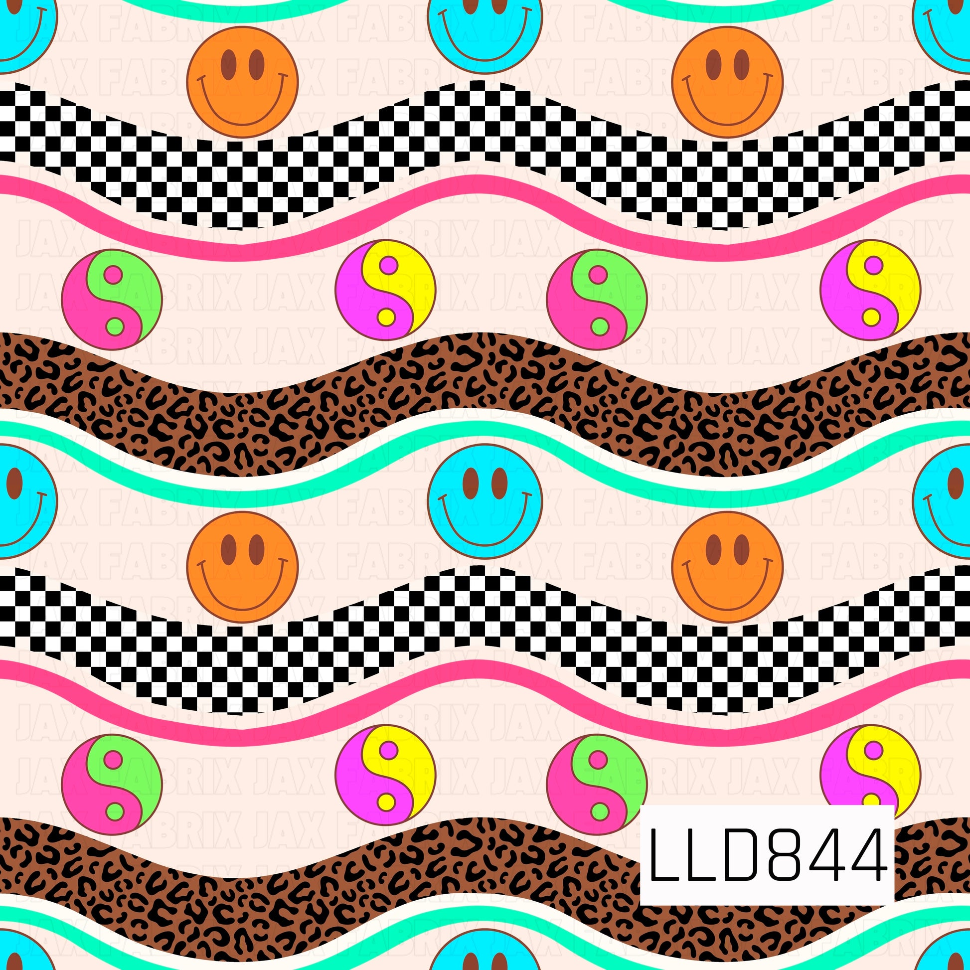 A seamless pattern featuring wavy black and white checkerboard and brown leopard print stripes, accented with bright teal and orange smiley faces, colorful neon yin-yang symbols, and pink and teal wavy lines on a soft cream background.
