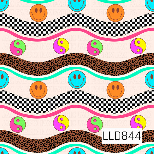A seamless pattern featuring wavy black and white checkerboard and brown leopard print stripes, accented with bright teal and orange smiley faces, colorful neon yin-yang symbols, and pink and teal wavy lines on a soft cream background.
