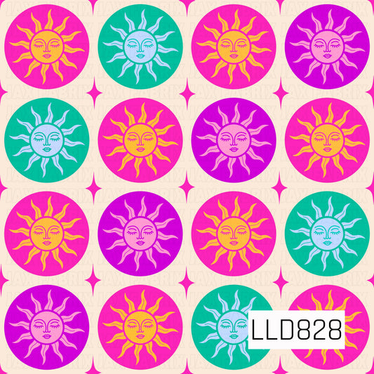 A bright seamless pattern featuring stylized sun faces in alternating hot pink, teal, and purple circles. Set on a soft cream background with scattered four-point stars, this bold retro design combines vibrant colors and playful celestial elements for a fun, modern look.
