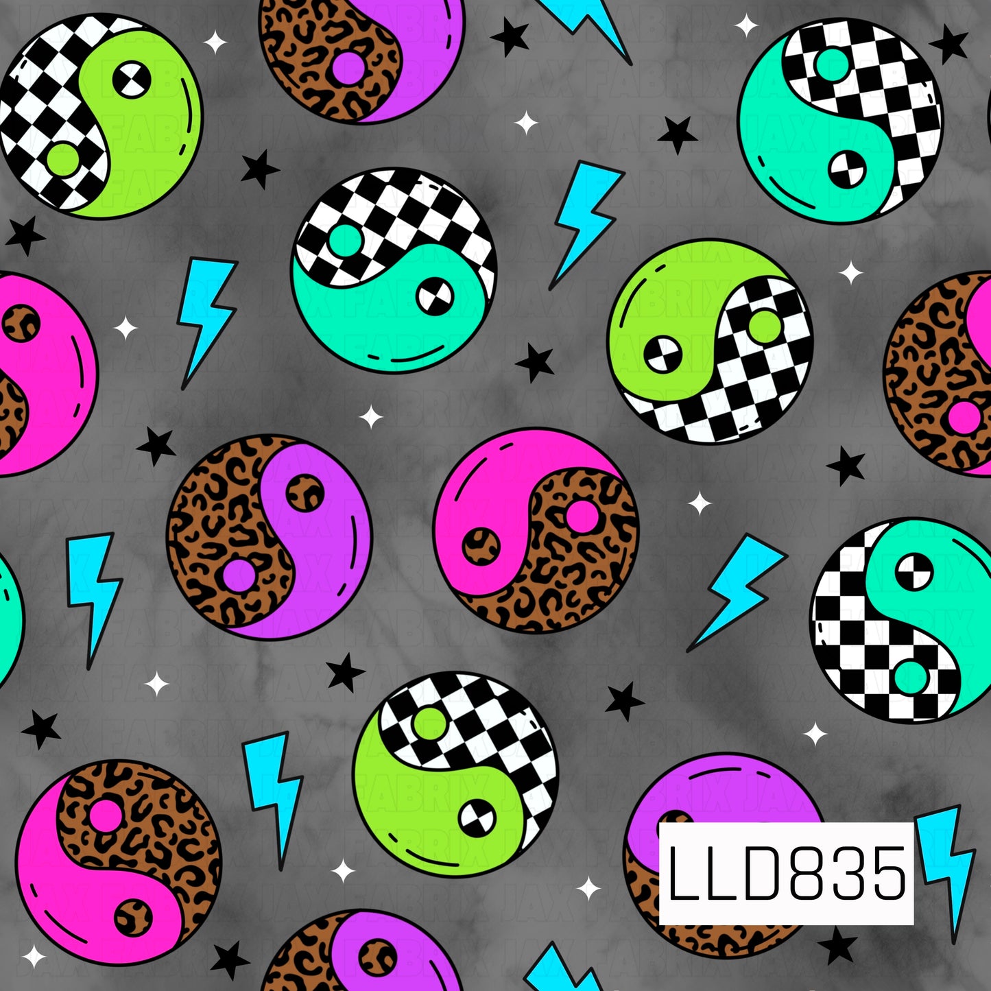 A seamless pattern featuring neon yin-yang symbols with checkerboard and leopard print details, accented by bright blue lightning bolts, black stars, and white sparkles on a dark gray marbled background.
