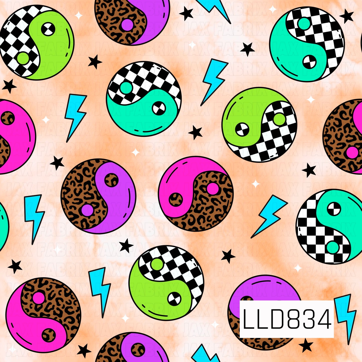 A seamless pattern featuring neon yin-yang symbols with checkerboard and leopard print details, accented by bright blue lightning bolts, black stars, and white sparkles on a soft peach background.
