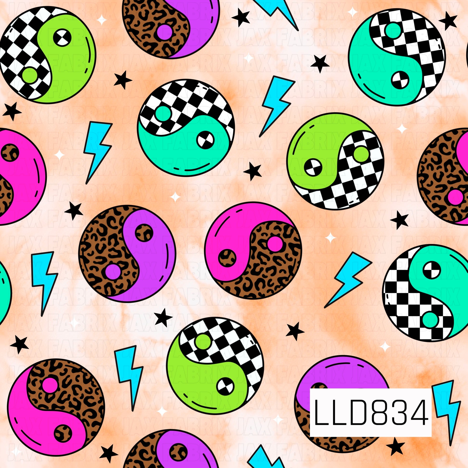 A seamless pattern featuring neon yin-yang symbols with checkerboard and leopard print details, accented by bright blue lightning bolts, black stars, and white sparkles on a soft peach background.
