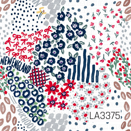 A fun New England football-inspired print featuring classic navy, red, gray, and white with touches of green. Hand-painted florals, bows, footballs, scattered dots, sketchy stripes, and abstract accents are mixed with “New England” and “Touchdown” lettering for a playful, feminine game day look.
