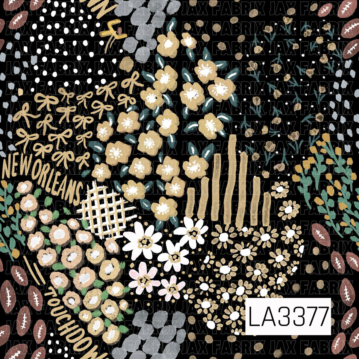 A bold New Orleans football-inspired print featuring classic black and gold with touches of white, soft gray, and muted green. Hand-painted florals, bows, footballs, scattered dots, sketchy stripes, and abstract accents are mixed with “New Orleans” and “Touchdown” lettering for a fun, feminine game day look.
