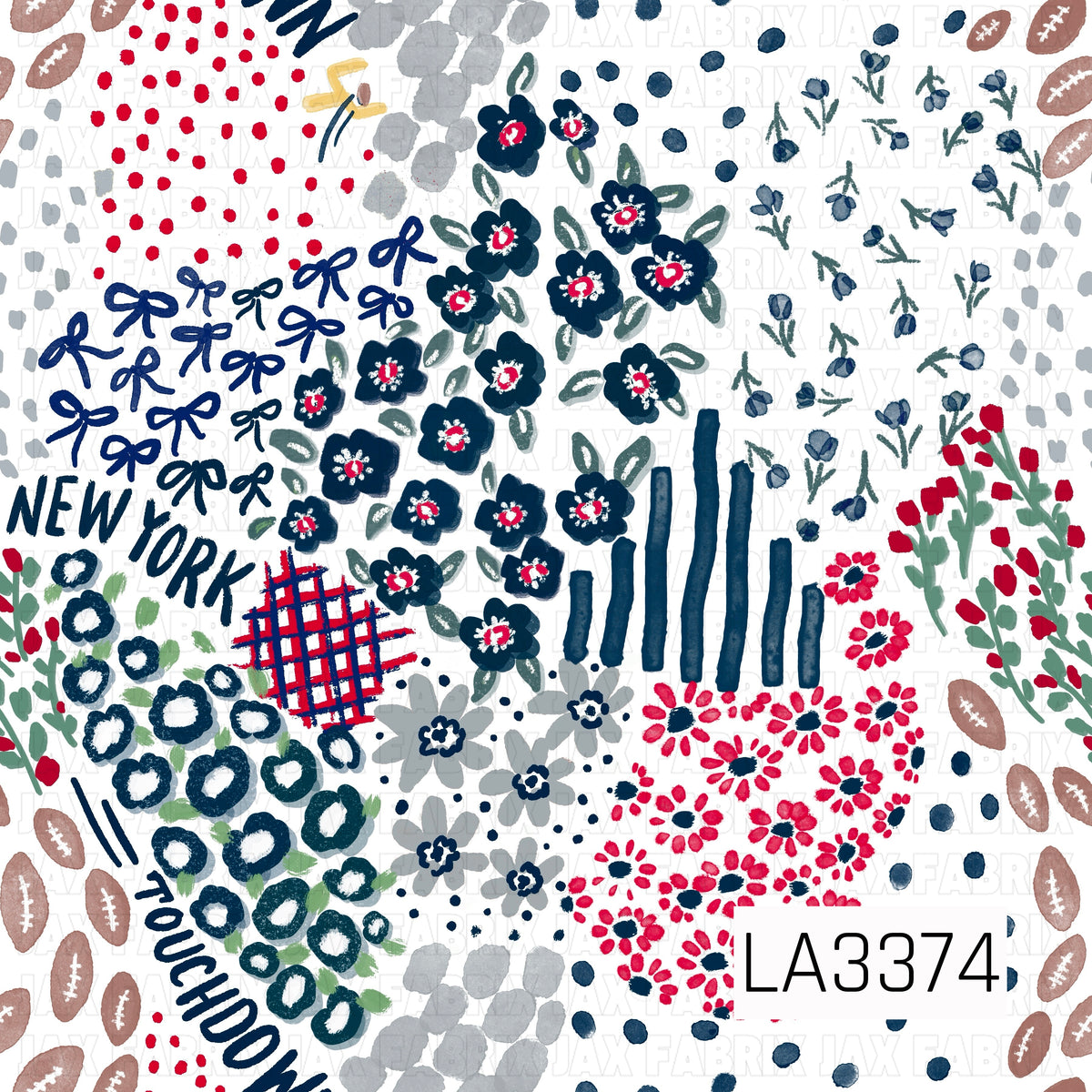 A bold New York football-inspired print featuring classic navy, red, gray, and white. Hand-painted florals, bows, footballs, scattered dots, sketchy stripes, and abstract accents are mixed with “New York” and “Touchdown” lettering for a fun, artsy game day look.

