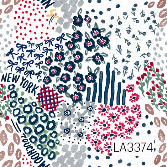A bold New York football-inspired print featuring classic navy, red, gray, and white. Hand-painted florals, bows, footballs, scattered dots, sketchy stripes, and abstract accents are mixed with “New York” and “Touchdown” lettering for a fun, artsy game day look.

