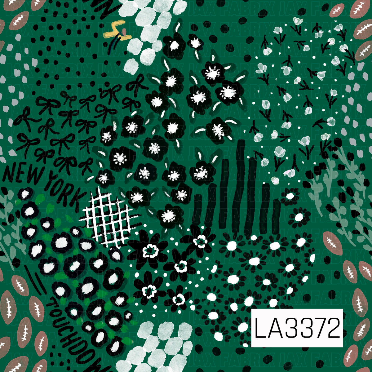 A bold New York football-inspired print featuring a deep green background with black, white, and soft gray accents. Hand-painted florals, bows, footballs, scattered dots, sketchy stripes, and abstract details are mixed with “New York” and “Touchdown” lettering for a fun, artsy game day look.
