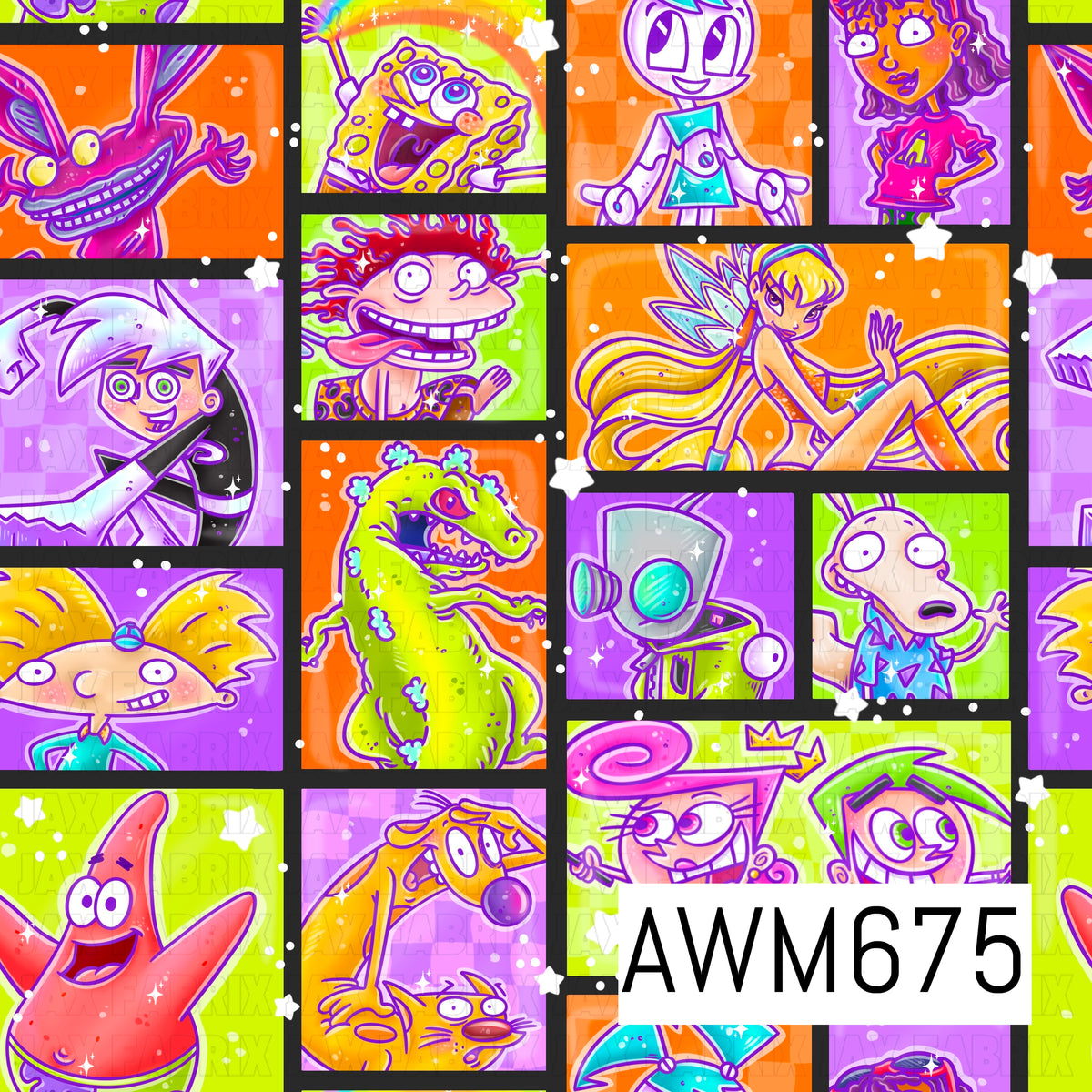 A bold retro seamless design featuring a colorful collage of nostalgic cartoon-inspired characters arranged in framed panels. Vibrant orange, lime green, purple, pink, turquoise, and yellow pop against thick black borders with scattered white stars and sparkles.