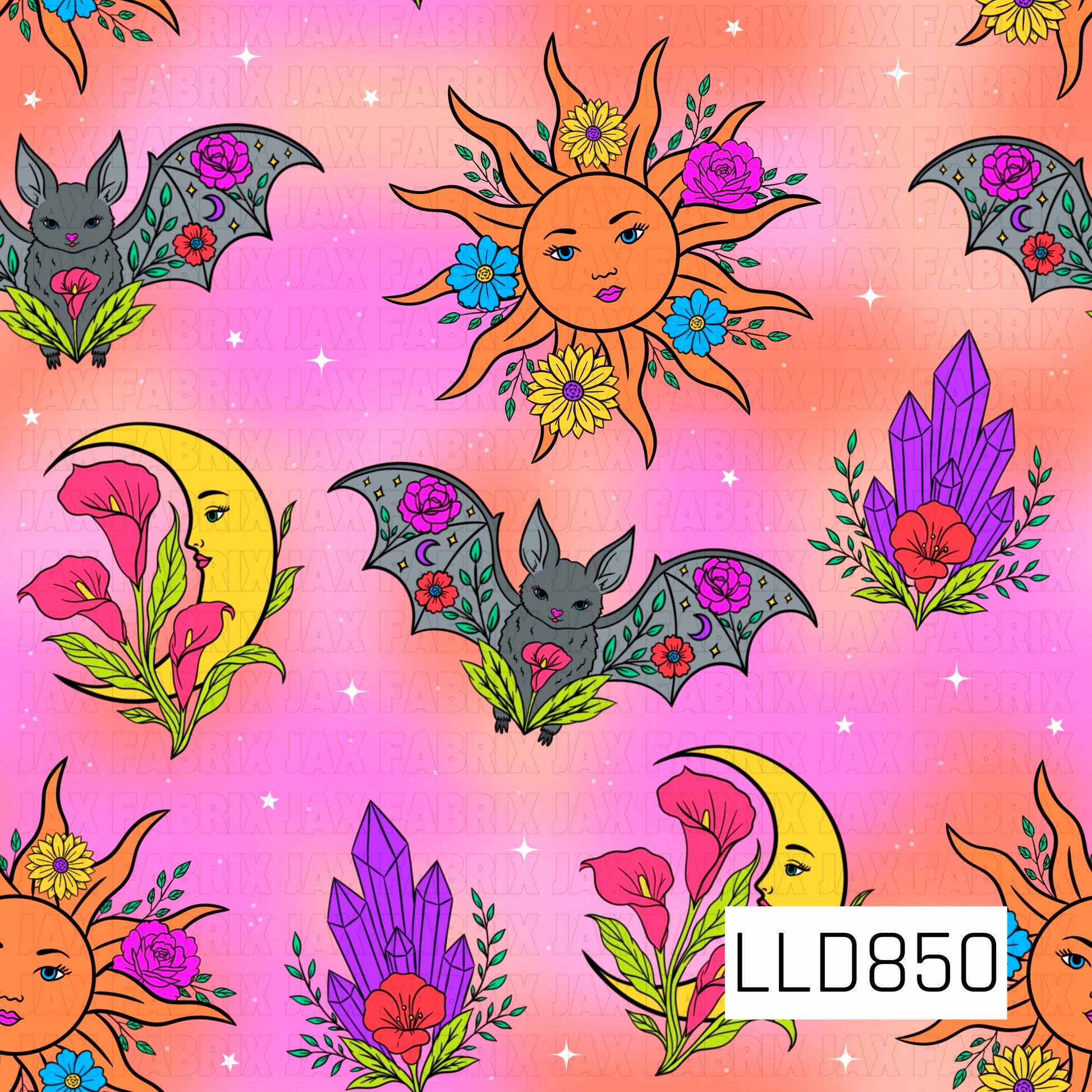 A seamless celestial pattern featuring floral suns, crescent moons with faces, bats with floral wings, purple crystals, blooming flowers, and scattered stars on a bright pink and coral gradient background.
