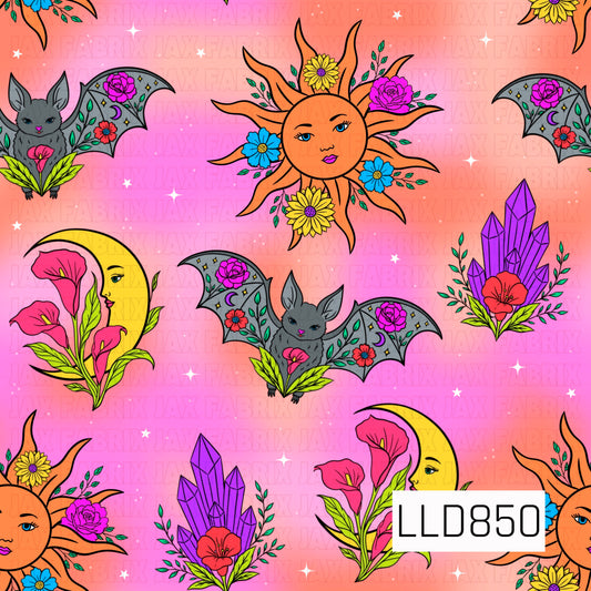 A seamless celestial pattern featuring floral suns, crescent moons with faces, bats with floral wings, purple crystals, blooming flowers, and scattered stars on a bright pink and coral gradient background.
