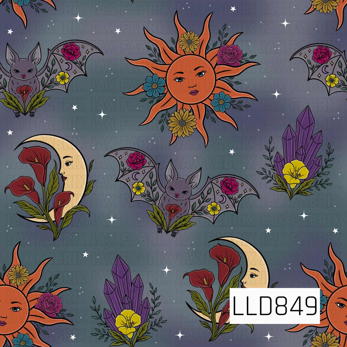 A seamless celestial pattern featuring floral suns, crescent moons with faces, bats with floral wings, purple crystals, blooming flowers, and scattered stars on a dark gray background.

