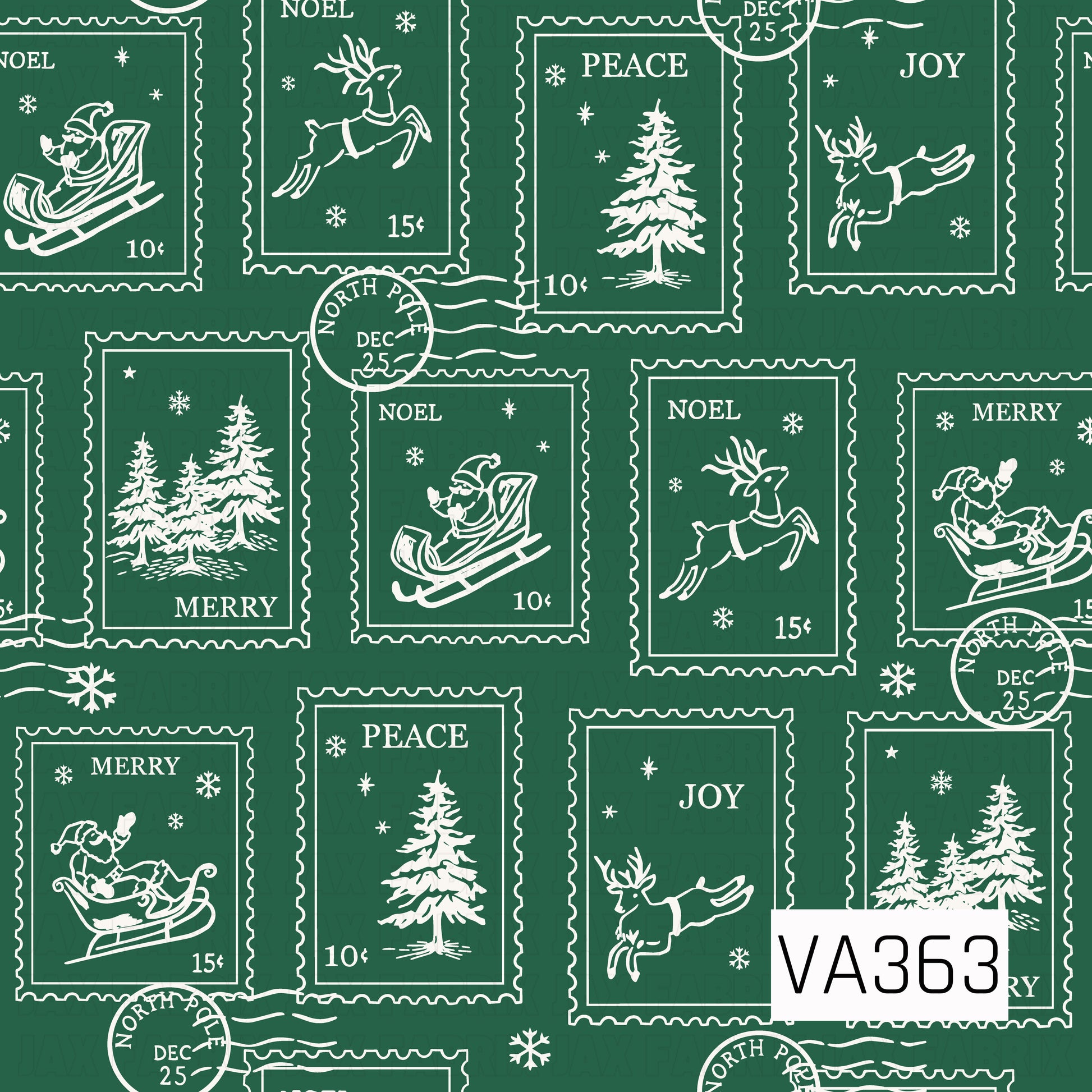 A vintage-inspired Christmas pattern featuring postage stamp illustrations on a deep evergreen background. The cream-colored stamps showcase Santa in his sleigh, reindeer, snowy pine trees, and scattered snowflakes, accented with festive words like “Merry,” “Peace,” “Joy,” and “Noel,” along with North Pole postmarks.
