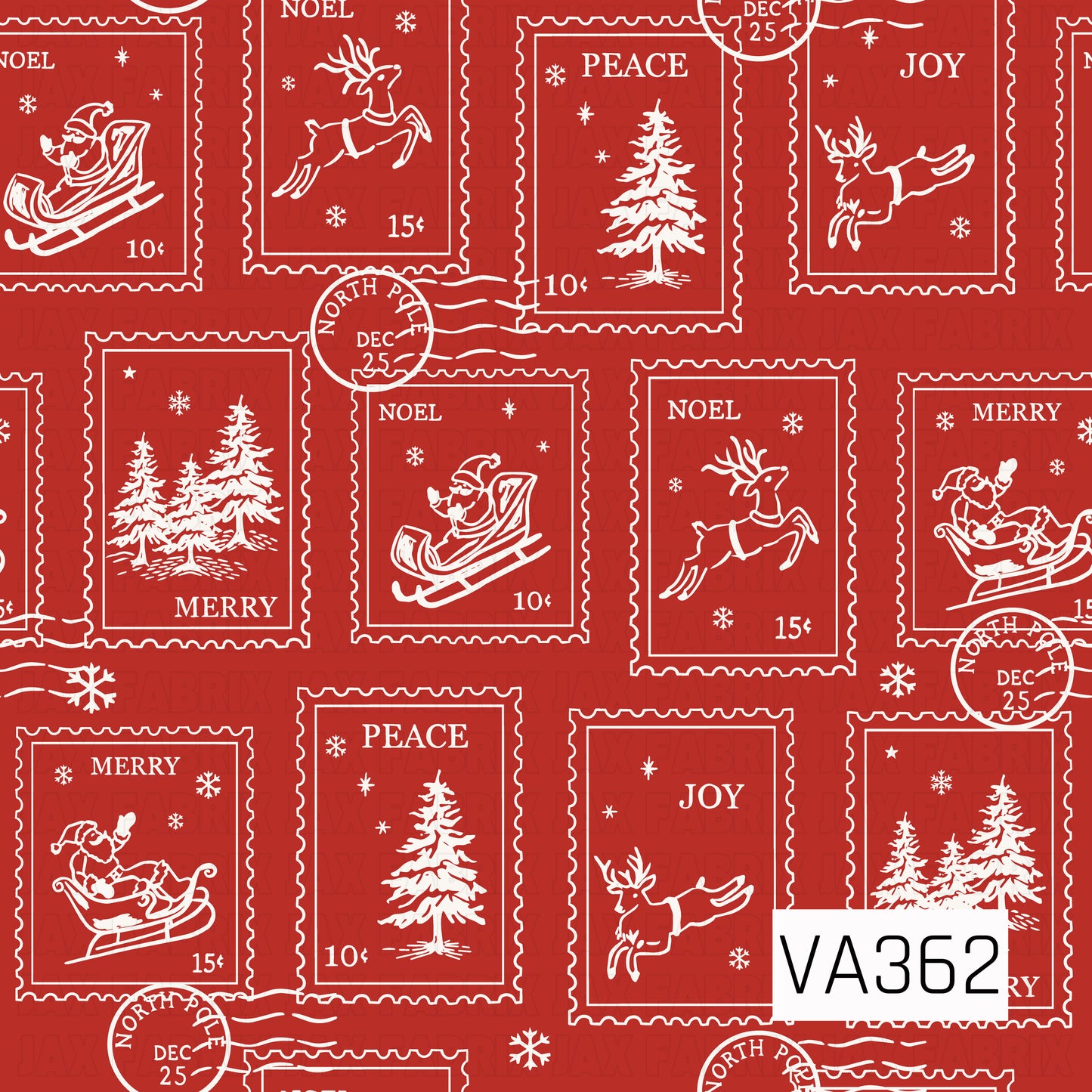 A vintage-inspired Christmas pattern featuring postage stamp illustrations on a bright classic red background. Cream-colored stamps showcase Santa in his sleigh, flying reindeer, snowy pine trees, and snowflakes, accented with festive words like “Merry,” “Peace,” “Joy,” and “Noel,” along with North Pole postmarks.
