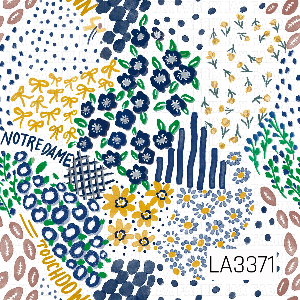 A playful Notre Dame football-inspired print featuring deep navy, gold, green, and soft blue. Hand-painted florals, bows, footballs, scattered dots, sketchy stripes, and abstract accents are mixed with “Notre Dame” and “Touchdown” lettering for a fun, feminine game day look.
