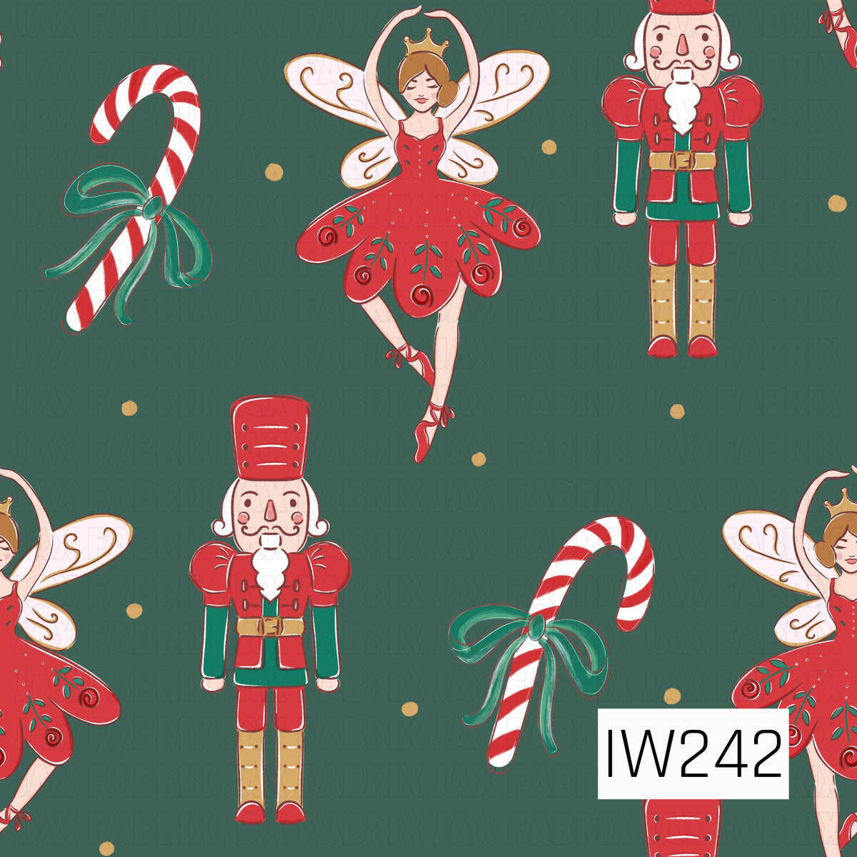 A charming Nutcracker-inspired Christmas pattern featuring graceful sugar plum fairies in rich red floral tutus with delicate gold-trimmed wings, classic nutcracker soldiers dressed in festive red and emerald green uniforms, and red and white striped candy canes adorned with elegant green bows. Scattered golden polka dots against a deep, muted forest green background complete this timeless holiday design.