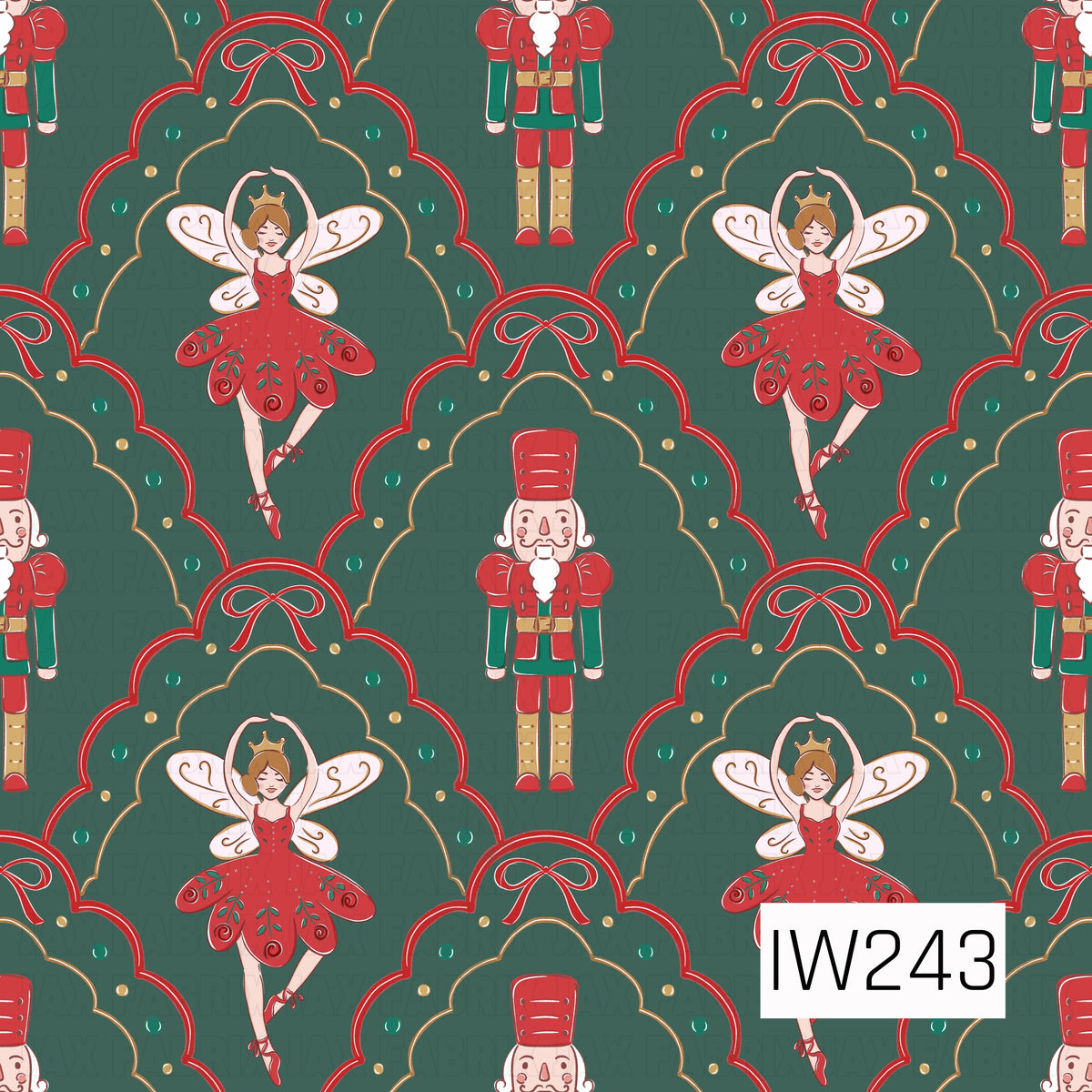An elegant Nutcracker-inspired Christmas pattern featuring graceful sugar plum fairies in flowing red tutus with delicate gold-trimmed wings and classic nutcracker soldiers dressed in festive red and emerald green uniforms. Each figure is framed by ornate scalloped arches accented with red bows, delicate gold detailing, and tiny green dots. A deep, muted forest green background completes this timeless holiday design.