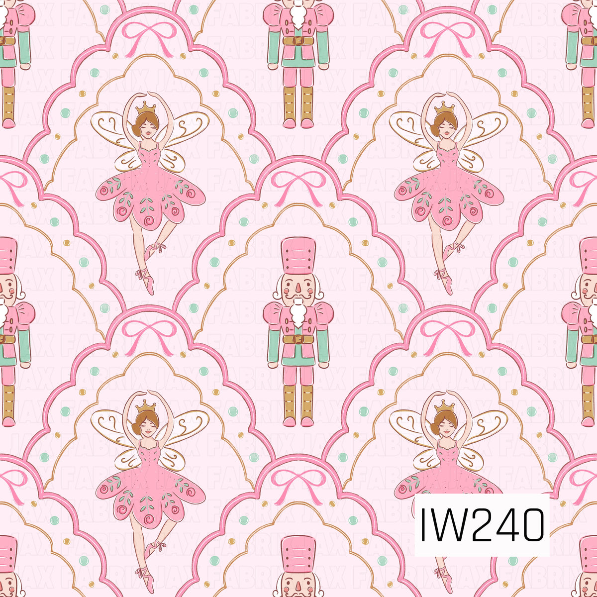 A whimsical Nutcracker-inspired Christmas pattern featuring graceful sugar plum fairies in pink floral tutus with delicate gold-trimmed wings and charming nutcracker soldiers dressed in pink and mint green uniforms. Each character is surrounded by elegant scalloped frames outlined in pink and gold, accented with dainty pink bows and scattered mint green and gold dots, all against a soft blush pink background.