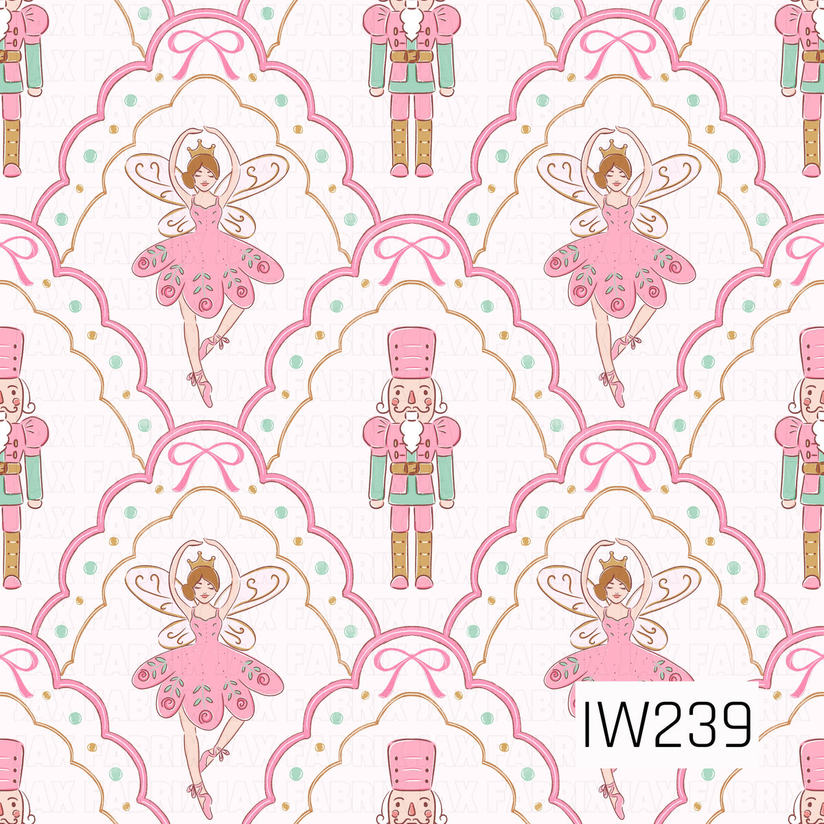 An enchanting Nutcracker-inspired Christmas pattern featuring graceful sugar plum fairies in pink floral tutus and charming nutcracker soldiers dressed in pink and mint green uniforms. Each character is nestled inside an elegant scalloped frame outlined in pink and gold, accented with delicate pink bows and scattered mint green and gold dots against a crisp white background.