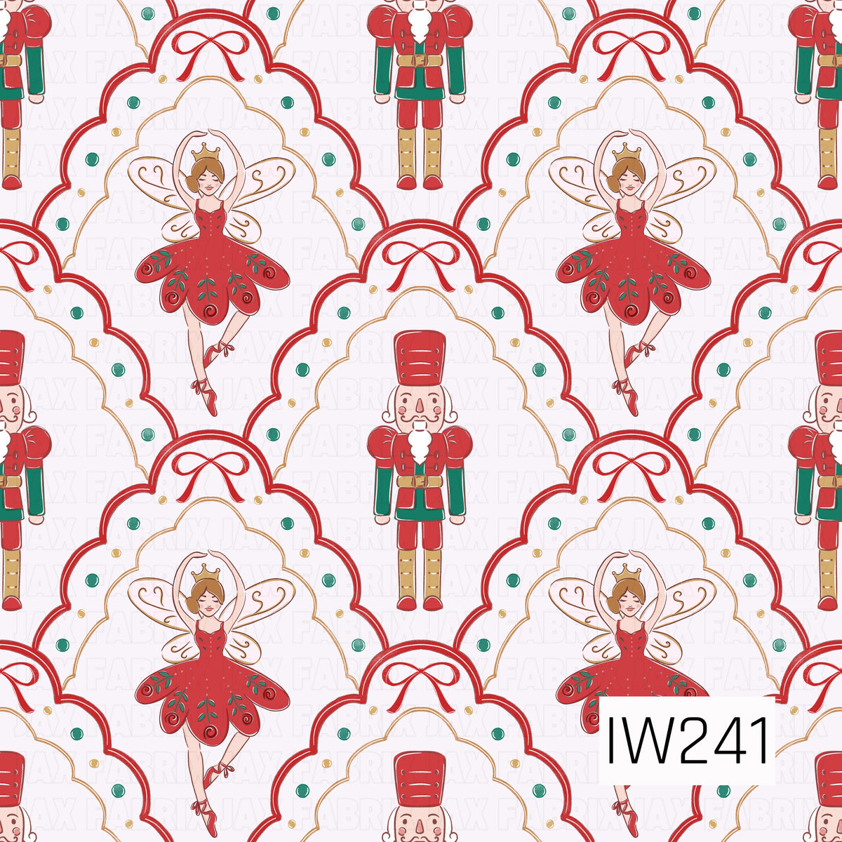 A classic Nutcracker-inspired Christmas pattern featuring graceful sugar plum fairies in rich red tutus with delicate gold-trimmed wings and charming nutcracker soldiers dressed in festive red and deep green uniforms. Each character is surrounded by elegant scalloped frames outlined in red and gold, accented with dainty red bows and scattered emerald green and gold dots against a crisp white background.