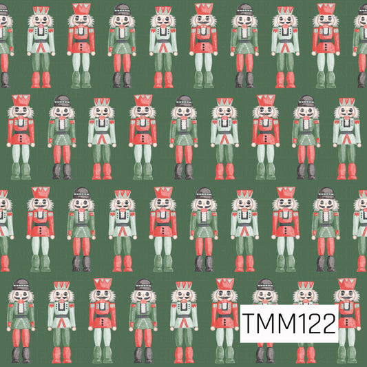 A festive watercolor seamless design featuring rows of classic nutcrackers in bright red, mint, green, black, and white. Set against a deep forest green background, the hand-painted style gives this Christmas pattern a charming, traditional holiday feel with a playful modern color palette.
