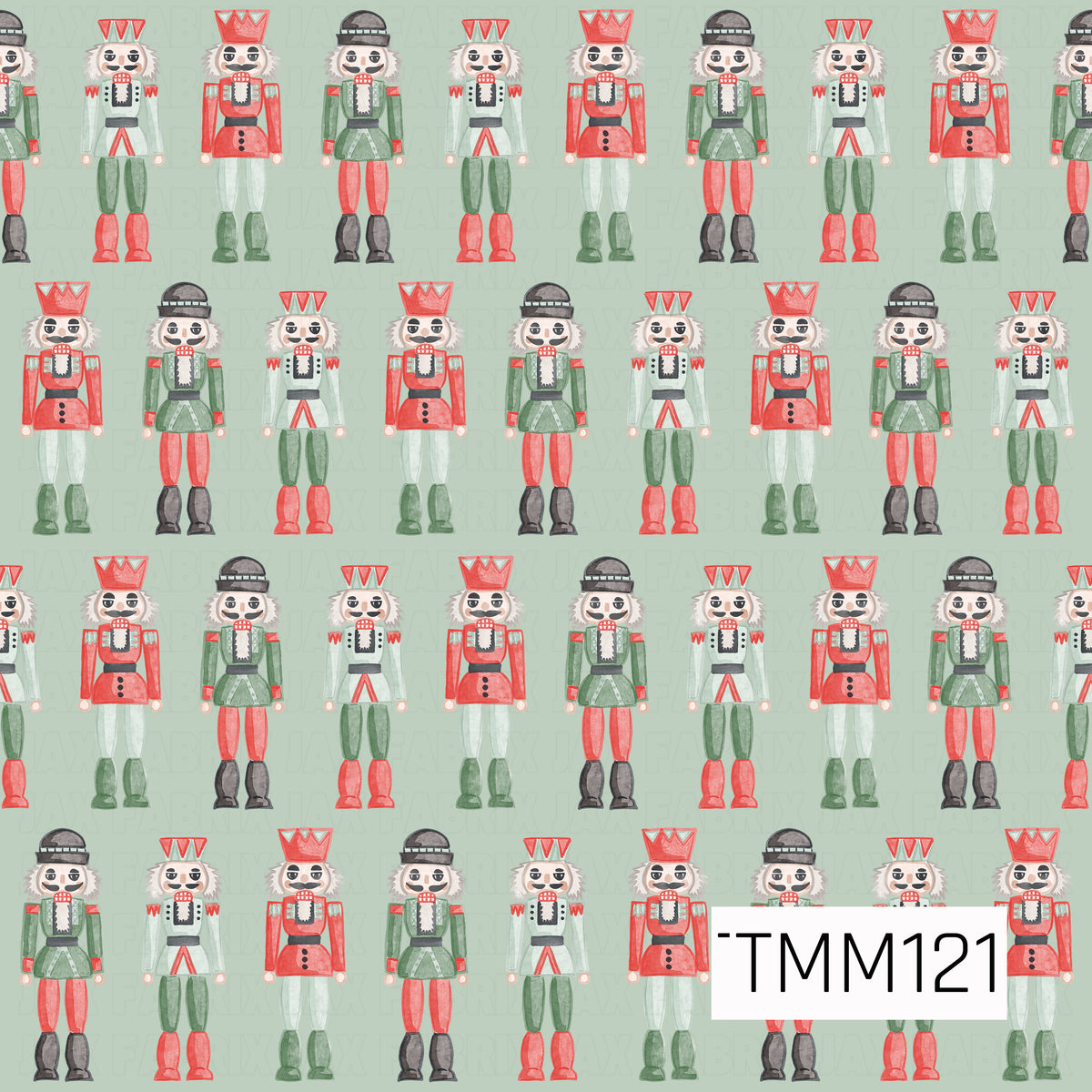 A festive watercolor seamless design featuring rows of classic nutcrackers in bright red, deep green, mint, black, and white. Set against a soft mint green background, the hand-painted details create a cheerful, whimsical Christmas look.
