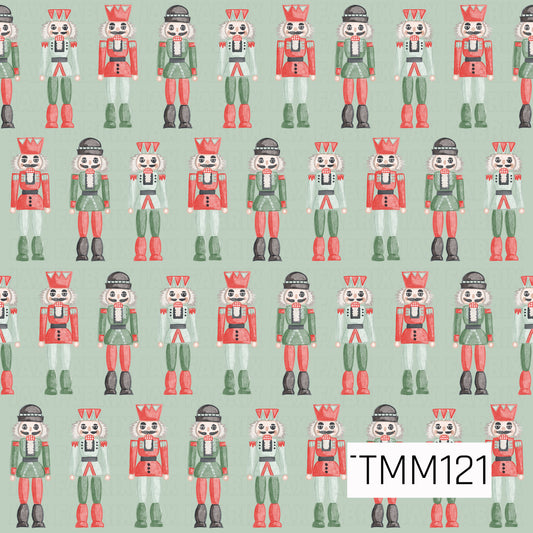A festive watercolor seamless design featuring rows of classic nutcrackers in bright red, deep green, mint, black, and white. Set against a soft mint green background, the hand-painted details create a cheerful, whimsical Christmas look.
