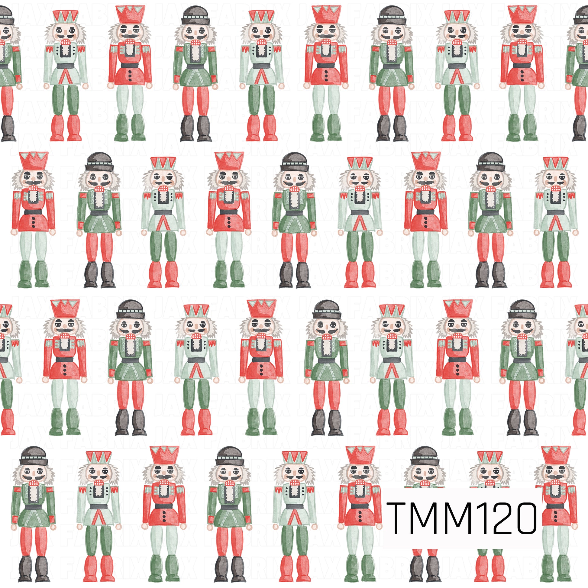 A festive watercolor seamless design featuring rows of classic nutcrackers in traditional Christmas shades of bright red, deep green, mint, black, and white. The hand-painted details and clean white background give this pattern a cheerful, whimsical holiday look.
