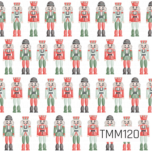 A festive watercolor seamless design featuring rows of classic nutcrackers in traditional Christmas shades of bright red, deep green, mint, black, and white. The hand-painted details and clean white background give this pattern a cheerful, whimsical holiday look.

