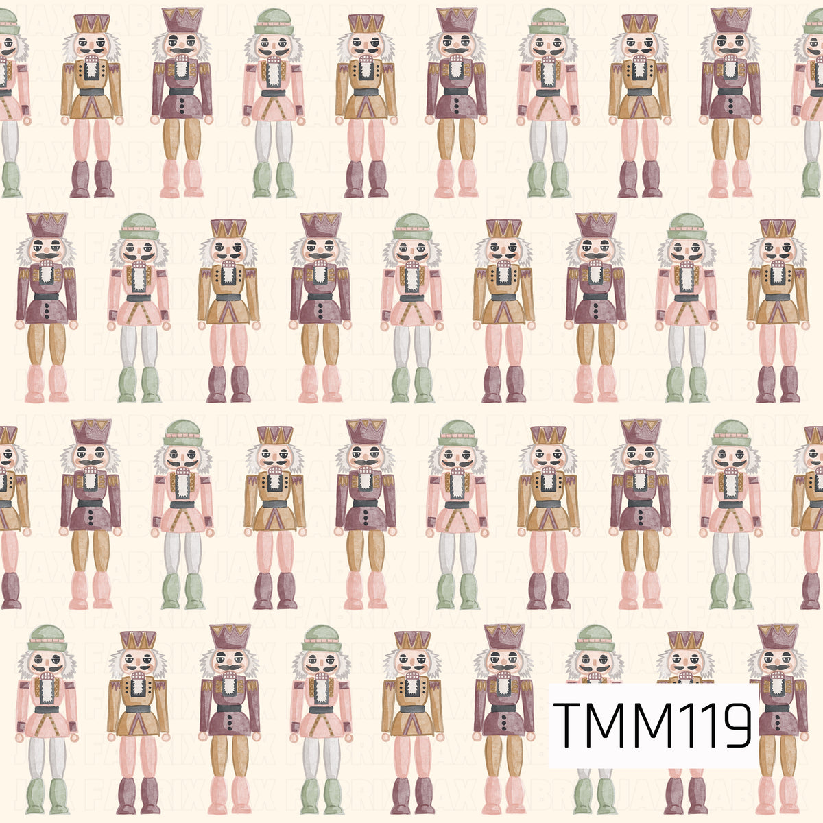 A charming watercolor seamless design featuring rows of classic nutcrackers in a soft, muted holiday palette of blush pink, sage green, burgundy, warm brown, and cream. Set against a warm cream background, the hand-painted details give this Christmas pattern a sweet vintage-inspired feel.
