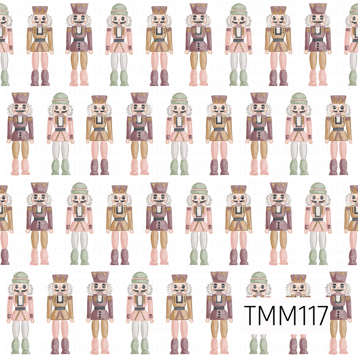 A charming watercolor seamless design featuring rows of classic nutcrackers in a soft, muted holiday palette of blush pink, sage green, burgundy, warm brown, and cream. The alternating nutcracker styles create a playful Christmas pattern with a vintage-inspired feel.
