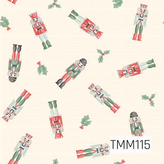 A festive watercolor seamless design featuring scattered nutcrackers in classic Christmas shades of red, green, and soft mint. Sprigs of green holly with bright red berries are mixed throughout, all set against a warm creamy background for a playful vintage holiday feel.

