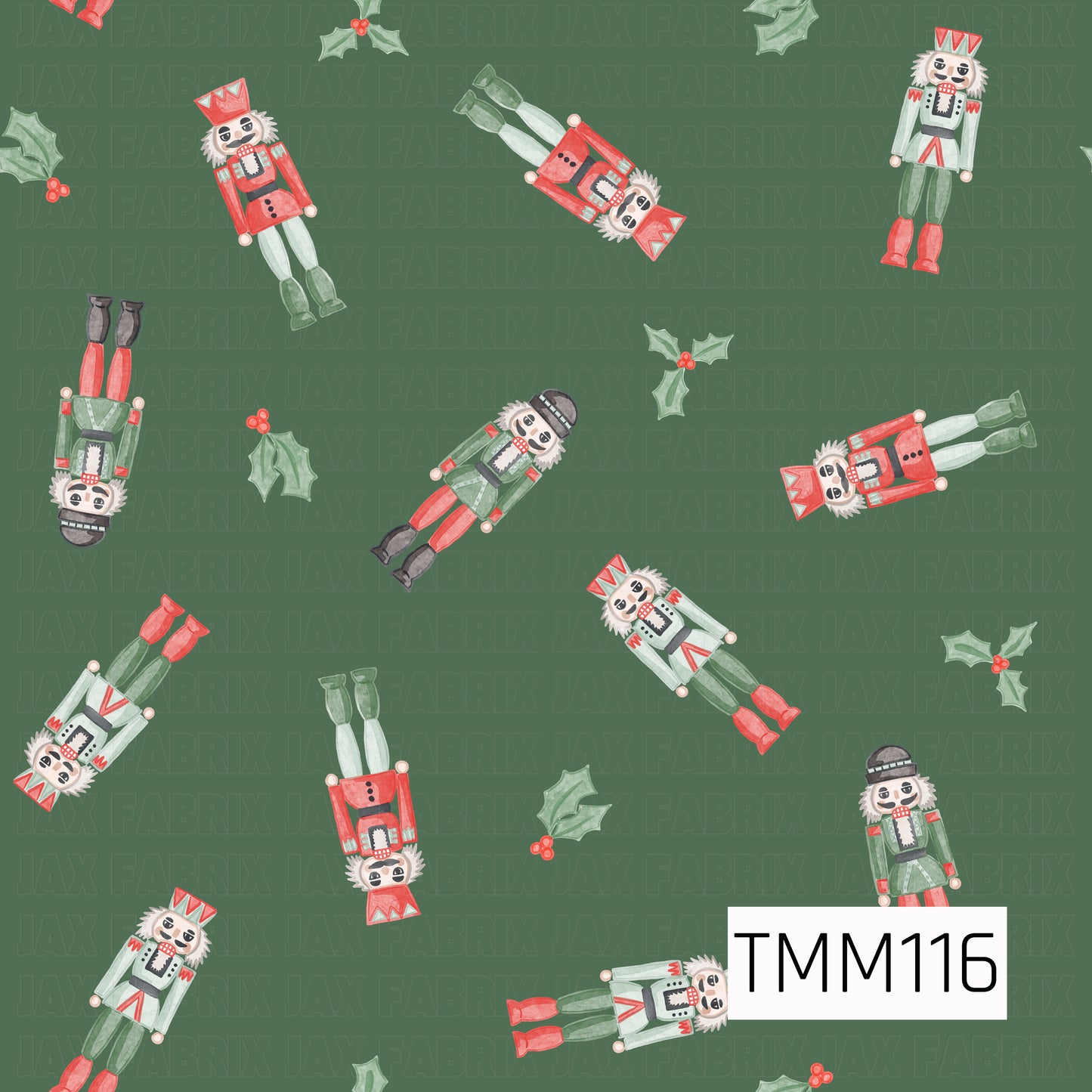 A festive watercolor seamless design featuring scattered nutcrackers in classic shades of red, green, and soft mint. Holly leaves with bright red berries are sprinkled throughout, all set against a deep forest green background for a rich and traditional Christmas look.
