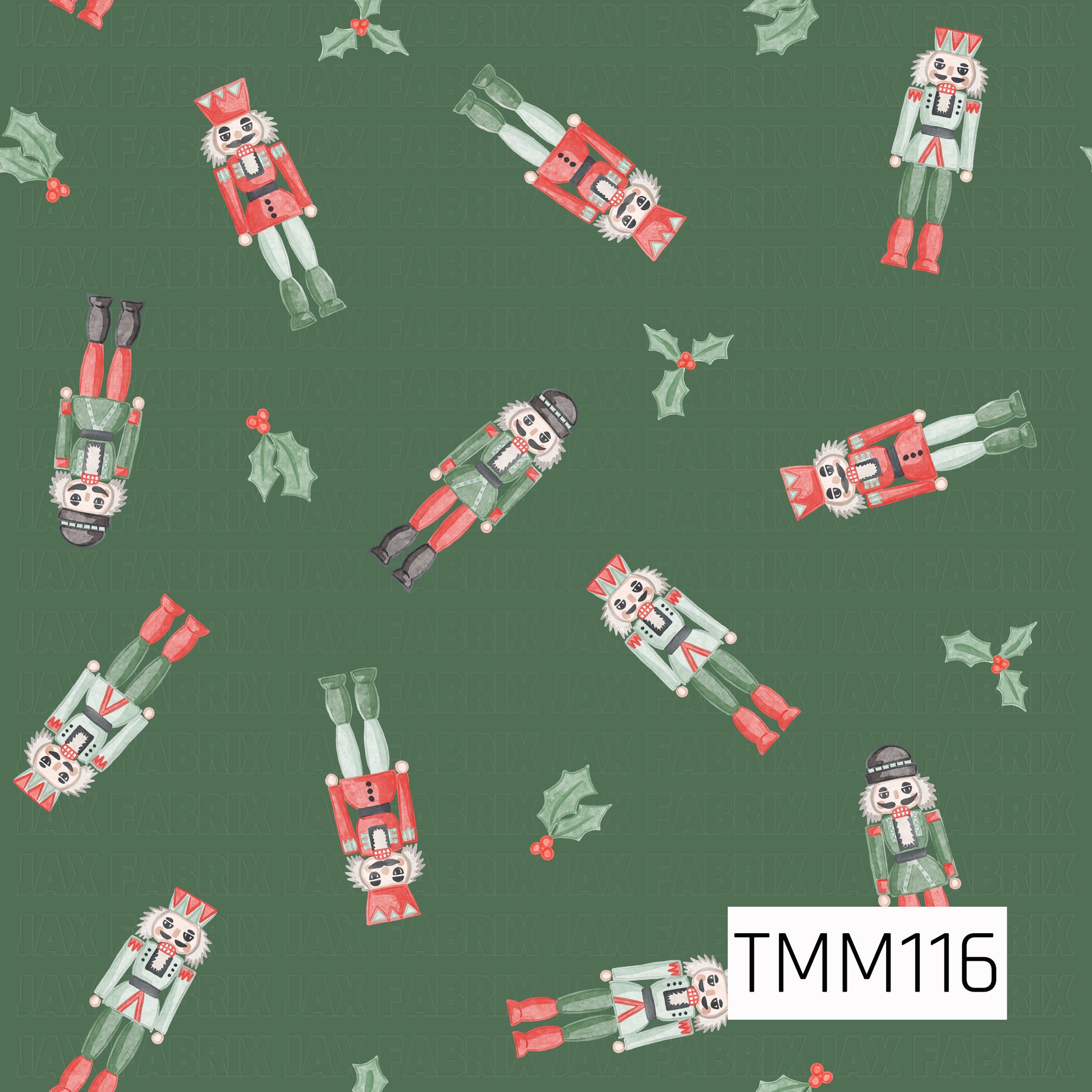A festive watercolor seamless design featuring scattered nutcrackers in classic shades of red, green, and soft mint. Holly leaves with bright red berries are sprinkled throughout, all set against a deep forest green background for a rich and traditional Christmas look.
