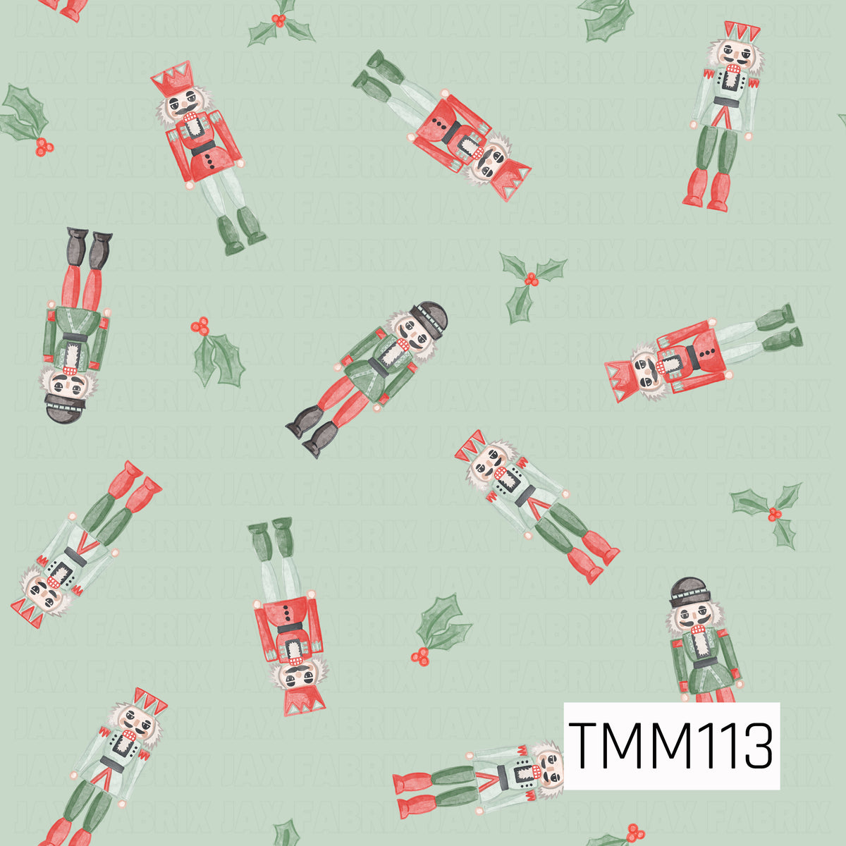 A festive watercolor seamless design featuring classic nutcrackers tossed throughout with sprigs of holly and bright red berries. Shades of red, green, mint, black, and white pop against a soft mint green background for a cheerful Christmas look.

