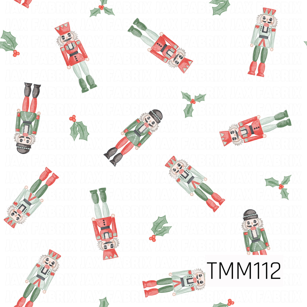 A festive Christmas seamless design featuring watercolor nutcrackers tossed throughout with classic holly and berry accents. Traditional shades of red, green, mint, black, and white give this playful holiday print a bright, cheerful look against a crisp white background.
