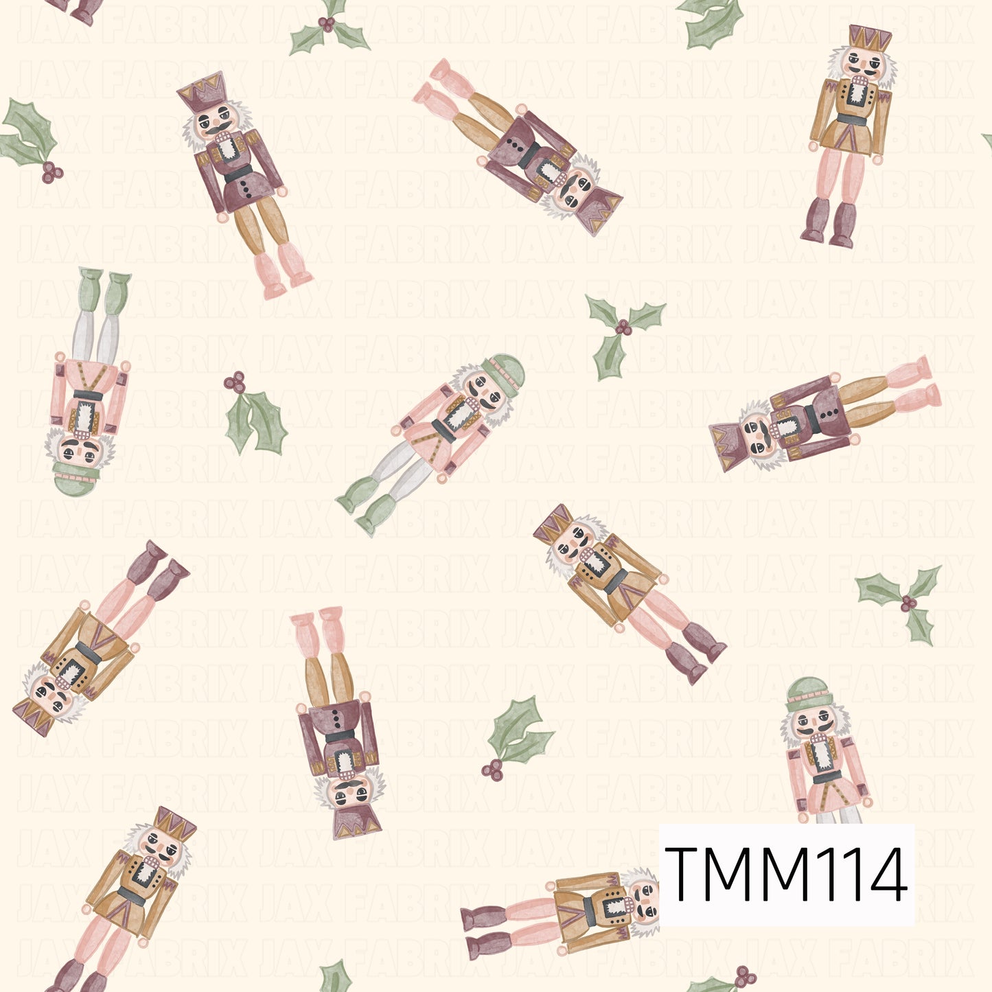 A soft watercolor seamless design featuring whimsical nutcrackers scattered in different directions alongside sprigs of holly and berries. Muted shades of blush pink, plum, sage green, and warm tan create a sweet, vintage-inspired Christmas look against a creamy ivory background.
