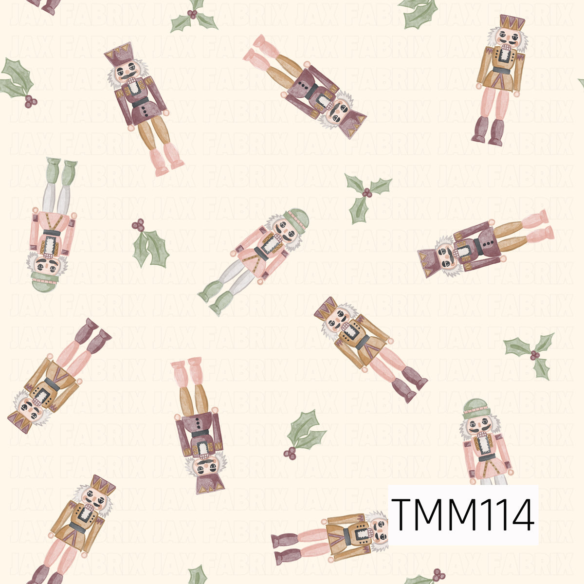 A soft watercolor seamless design featuring whimsical nutcrackers scattered in different directions alongside sprigs of holly and berries. Muted shades of blush pink, plum, sage green, and warm tan create a sweet, vintage-inspired Christmas look against a creamy ivory background.
