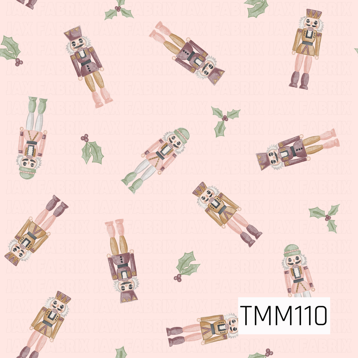 A whimsical Christmas seamless design featuring watercolor nutcrackers scattered throughout with festive holly accents. Soft shades of blush pink, plum, sage green, cream, and warm gold create a sweet, vintage-inspired holiday look against a pale pink background.
