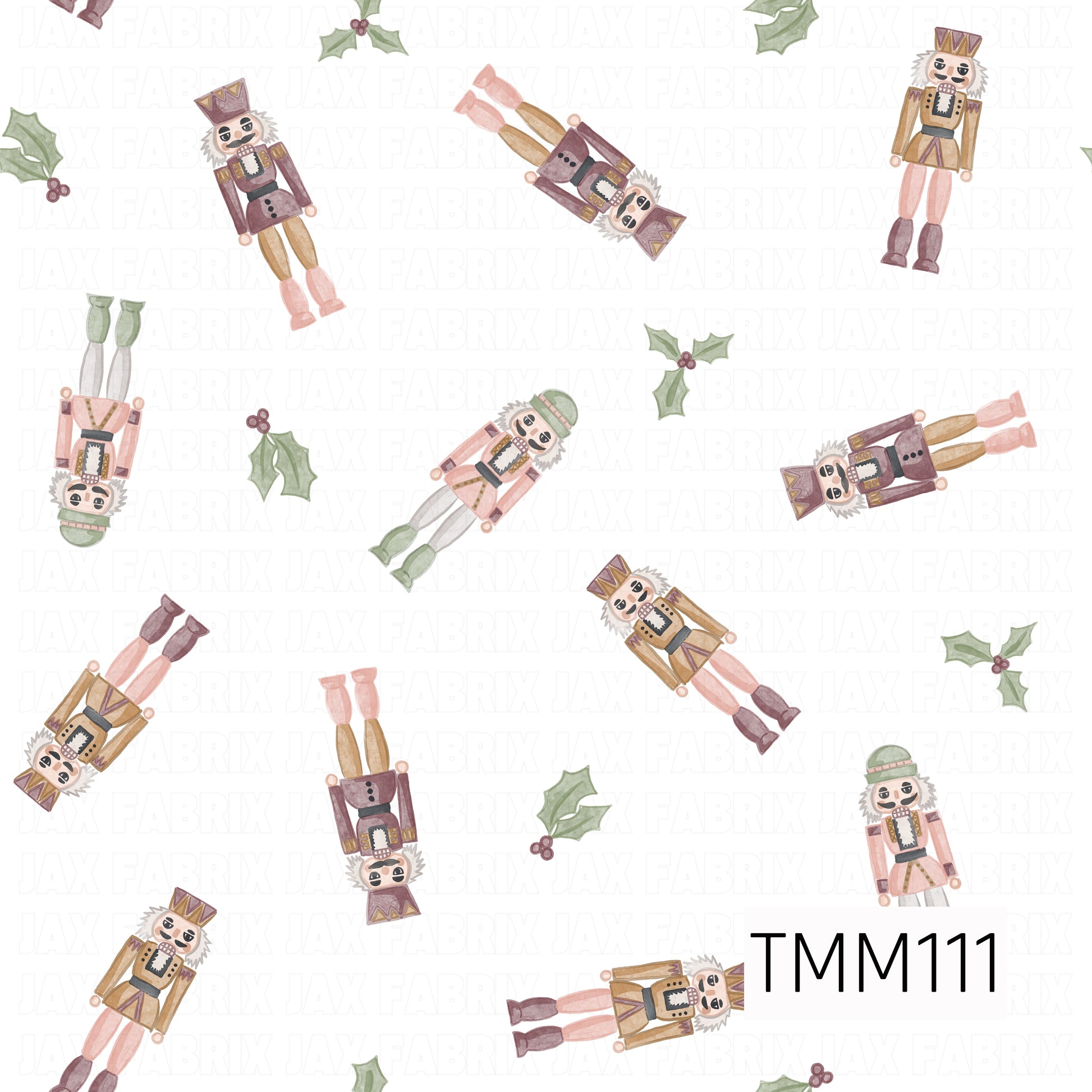 A whimsical Christmas seamless design featuring watercolor nutcrackers tossed throughout with festive holly and berry accents. Soft shades of blush pink, plum, sage green, warm gold, and cream create a sweet vintage-inspired holiday look against a crisp white background.
