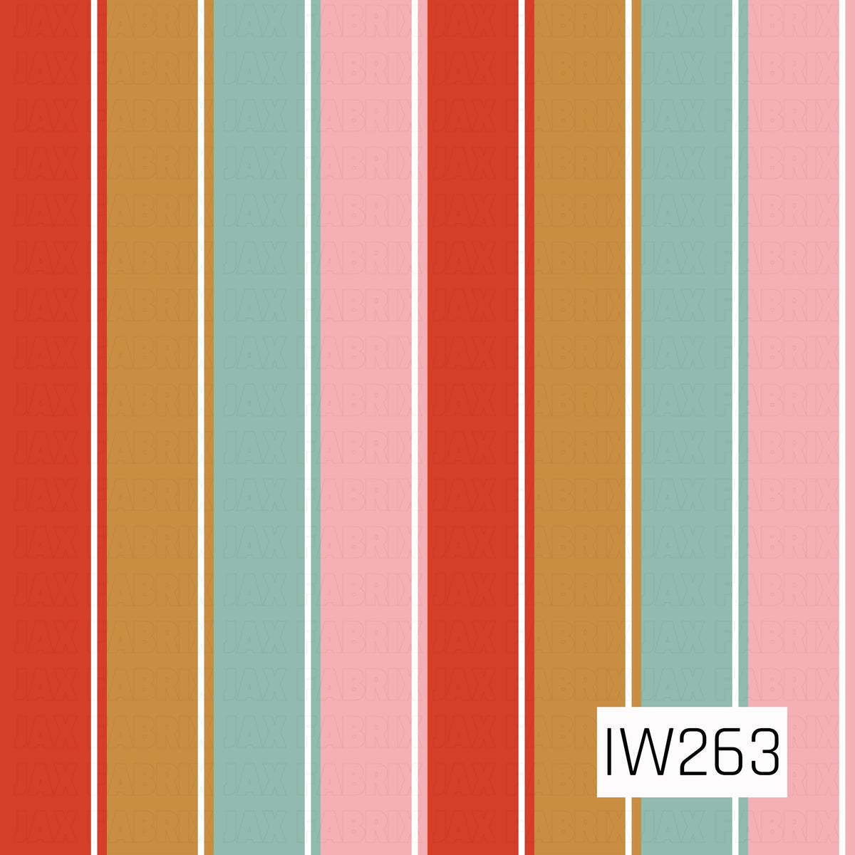 A bold retro-inspired vertical stripe pattern featuring alternating wide bands of vibrant red, warm golden caramel, muted sage green, and soft blush pink. Thin white accent stripes separate each color, creating a playful, colorful design with a charming vintage holiday feel.
