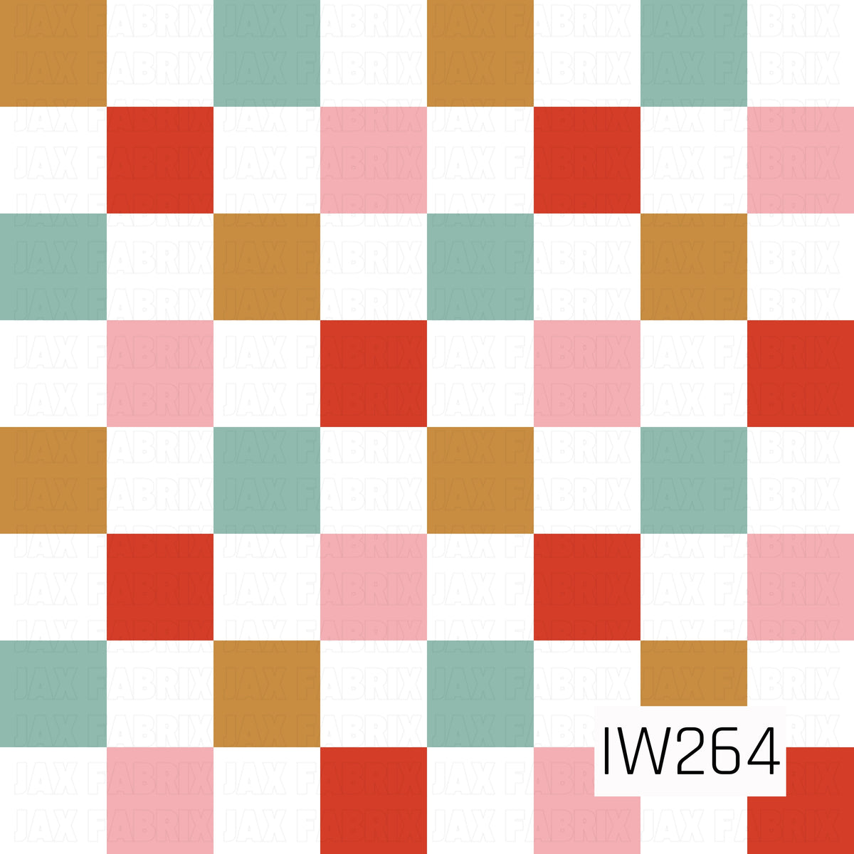 A playful retro-inspired checkerboard pattern featuring alternating squares of warm golden caramel, vibrant red, muted sage green, soft blush pink, and crisp white. The bold, evenly spaced squares create a colorful geometric design with a fun, vintage holiday feel.