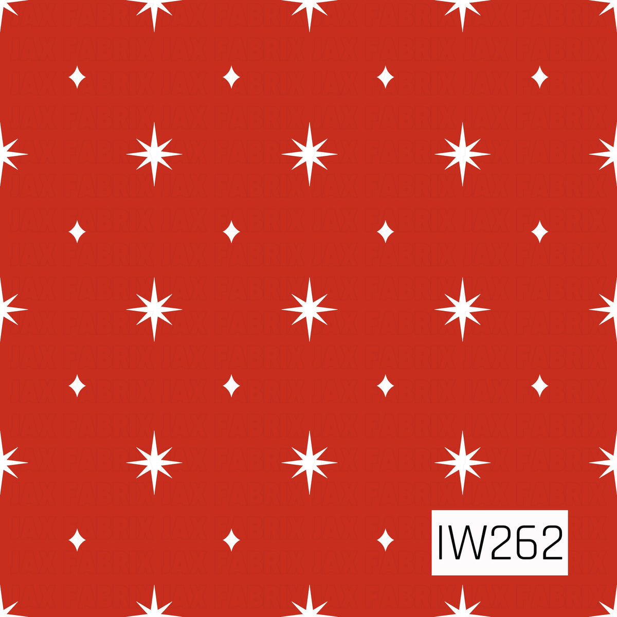 A vibrant Christmas red background featuring a repeating pattern of crisp white eight-point starbursts and smaller four-point twinkling stars. The evenly spaced celestial design creates a bold, festive look with a charming retro-inspired feel.